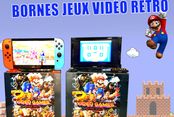 deux bornes de jeux vidéos rétro avec une télé décoré en nintendo switch. En arrière plan le décor de mario bros avec mario qui saute.