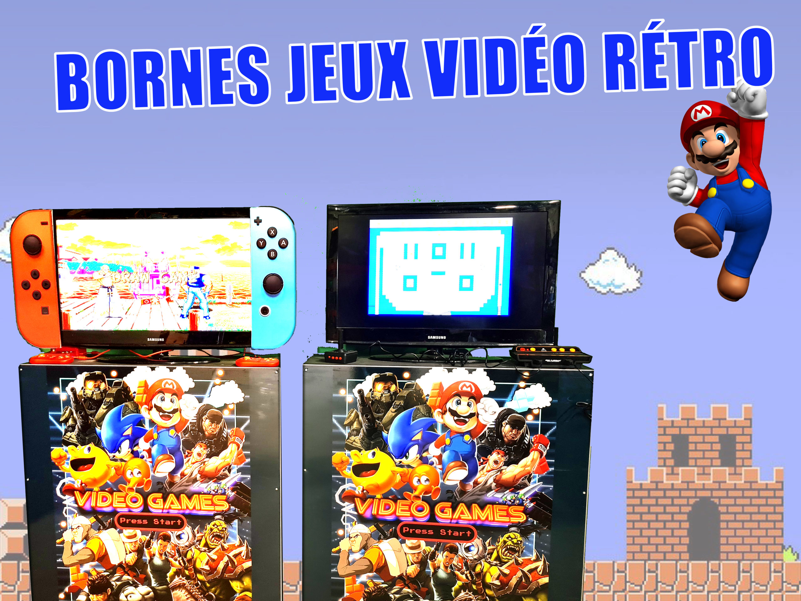 deux bornes de jeux vidéos rétro avec une télé décoré en nintendo switch. En arrière plan le décor de mario bros avec mario qui saute.