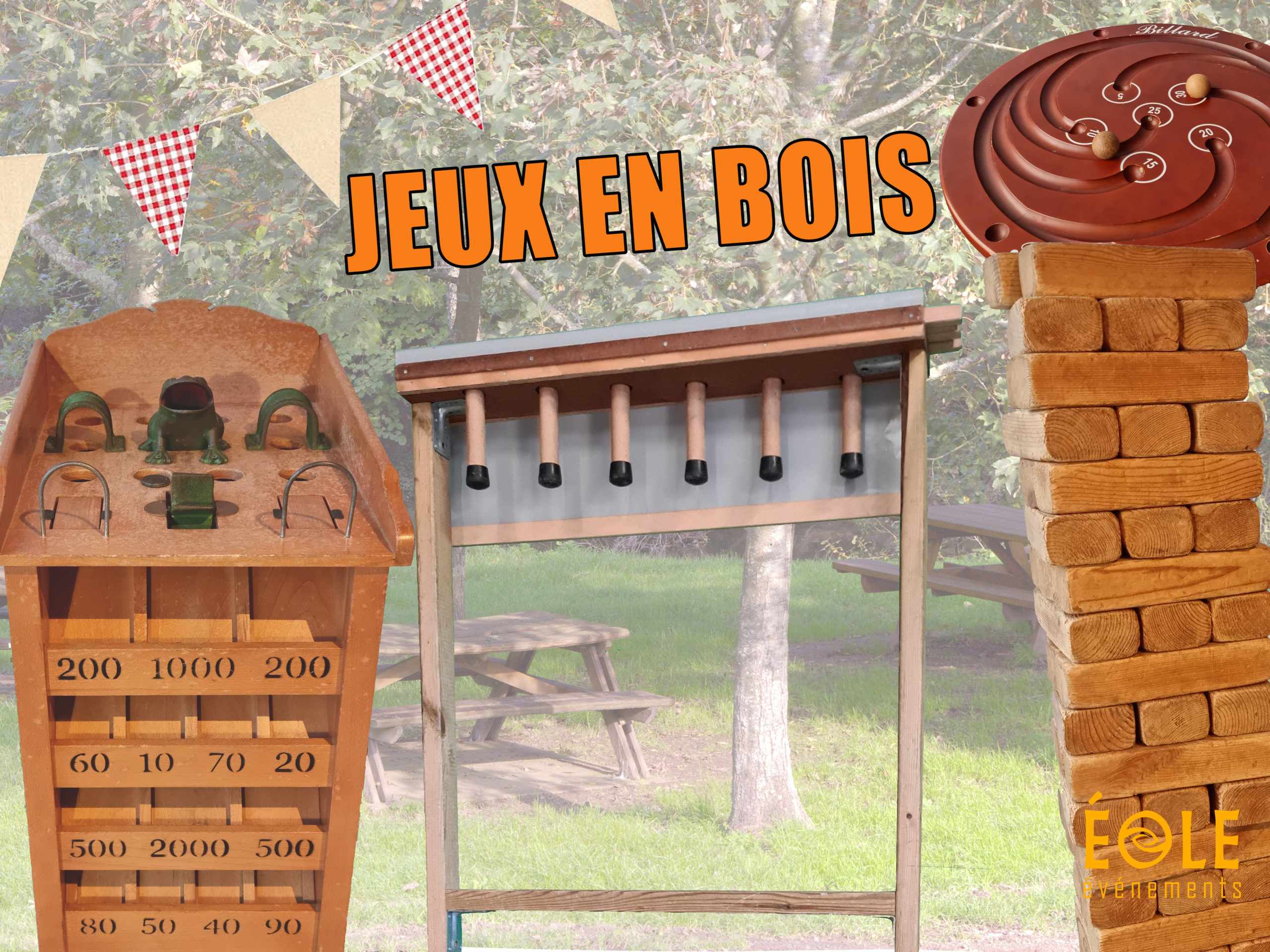 photo de jeux en bois comme la grenouille, jenga et réflexe sur un fond champêtre