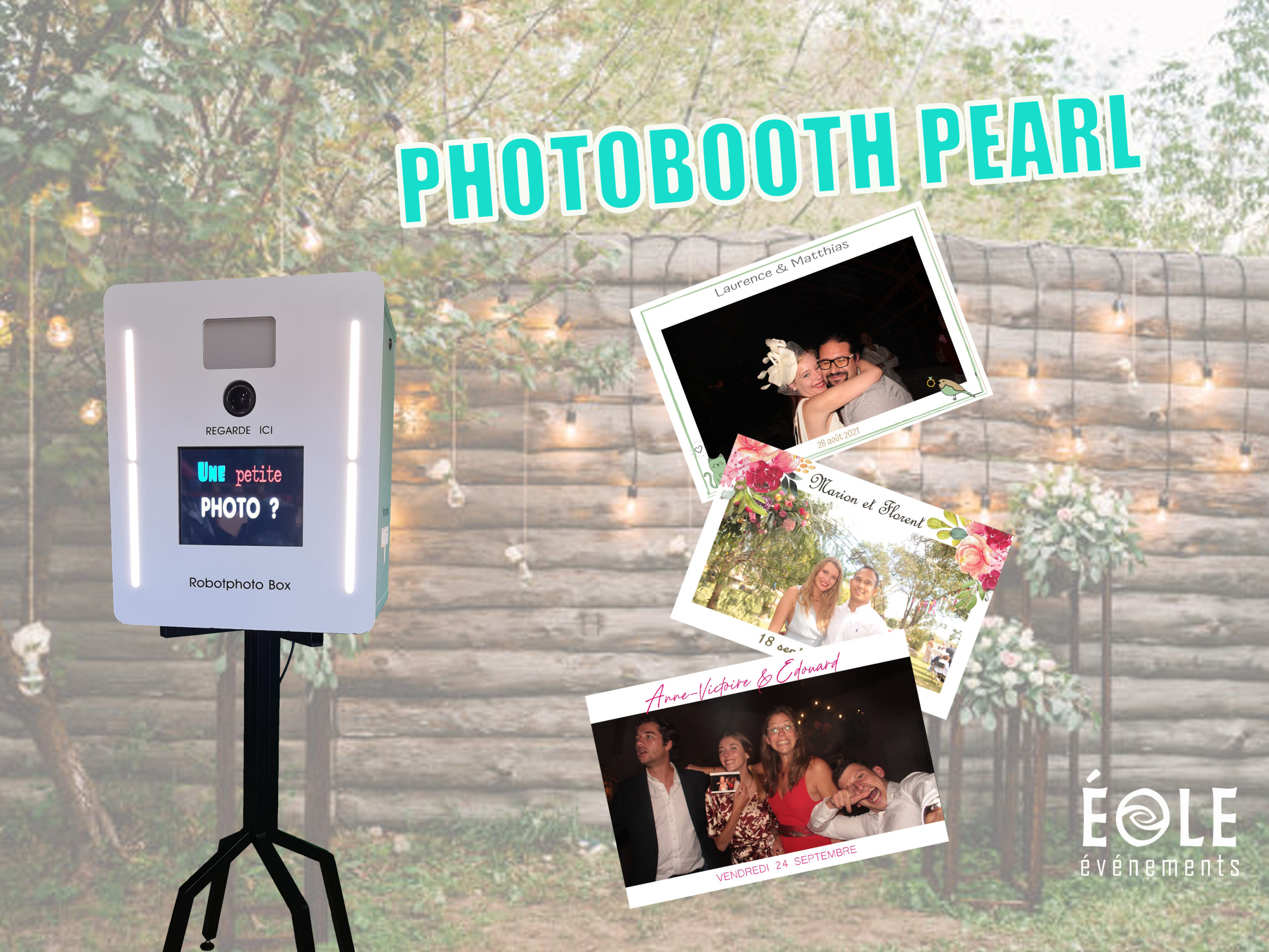 Photobooth blanc sur un fond champêtre avec à côté des photos de mariage