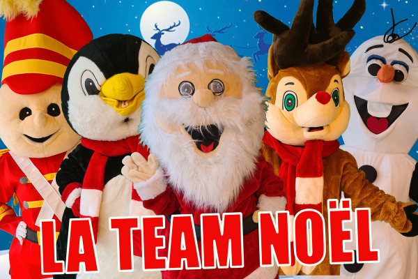 mascottes de noel alignés avec en rouge écrit la team noel, dessus il y a casse noisette le pingouin, le pere noel, le renne et olaf