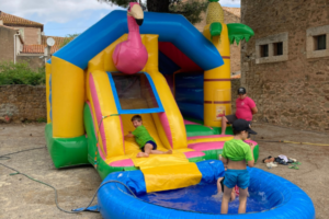 château gonflable avec un flamant rose au dessus. Un enfant est sur le toboggan du chateau gonflable et un autre est debout dans la piscine