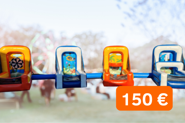 4 kermesses de couleurs orange et bleu alignés avec le tarif de 150 €